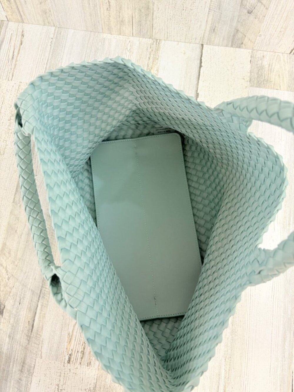 Naghedi St Barths Medium Tote Aqua Green Woven Neoprene with Pouch - Picture 11 of 16